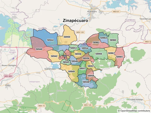 Mapa de códigos postales de Zinapécuaro, Michoacán de Ocampo