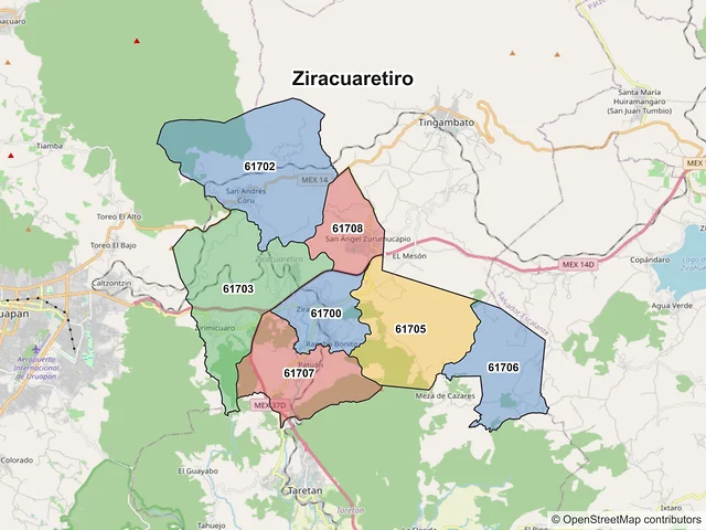 Mapa de códigos postales de Ziracuaretiro, Michoacán de Ocampo