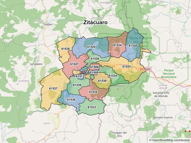 Mapa de códigos postales de Zitácuaro, Michoacán de Ocampo