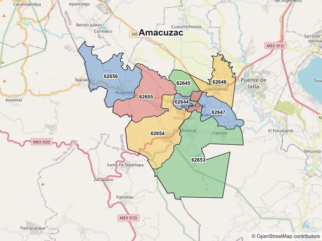 Mapa de códigos postales de Amacuzac, Morelos