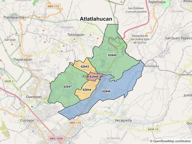 Mapa de códigos postales de Atlatlahucan, Morelos