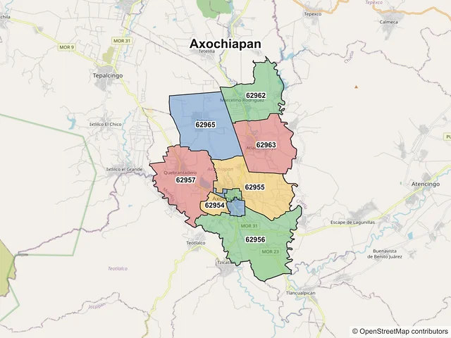 Mapa de códigos postales de Axochiapan, Morelos