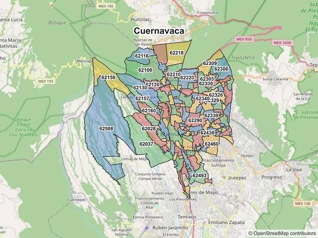 Mapa de códigos postales de Cuernavaca, Morelos