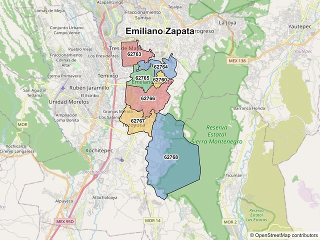 Mapa de códigos postales de Emiliano Zapata, Morelos