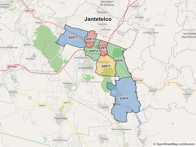 Mapa de códigos postales de Jantetelco, Morelos