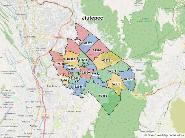 Mapa de códigos postales de Jiutepec, Morelos
