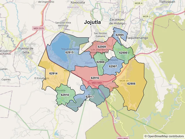 Mapa de códigos postales de Jojutla, Morelos