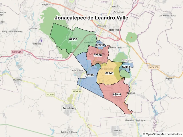 Mapa de códigos postales de Jonacatepec de Leandro Valle, Morelos