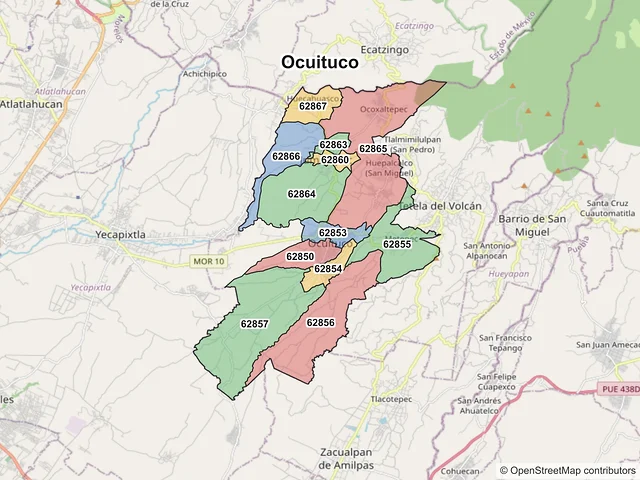 Mapa de códigos postales de Ocuituco, Morelos