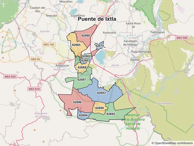 Mapa de códigos postales de Puente de Ixtla, Morelos