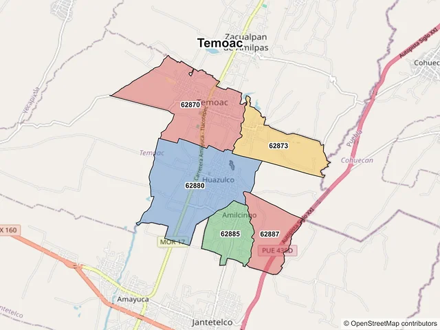 Mapa de códigos postales de Temoac, Morelos
