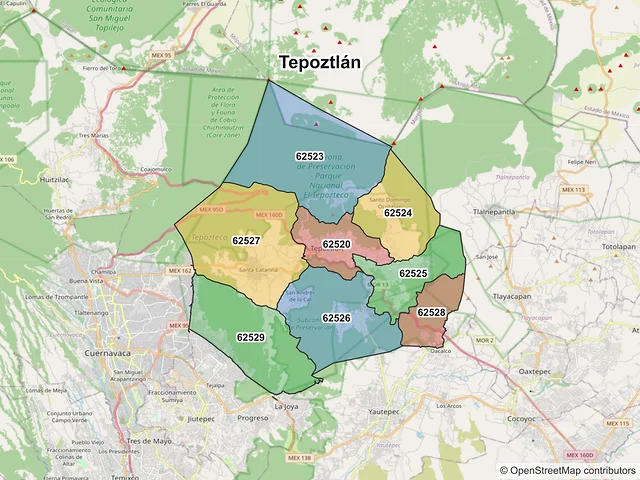 Mapa de códigos postales de Tepoztlán, Morelos