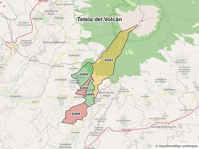 Mapa de códigos postales de Tetela del Volcán, Morelos