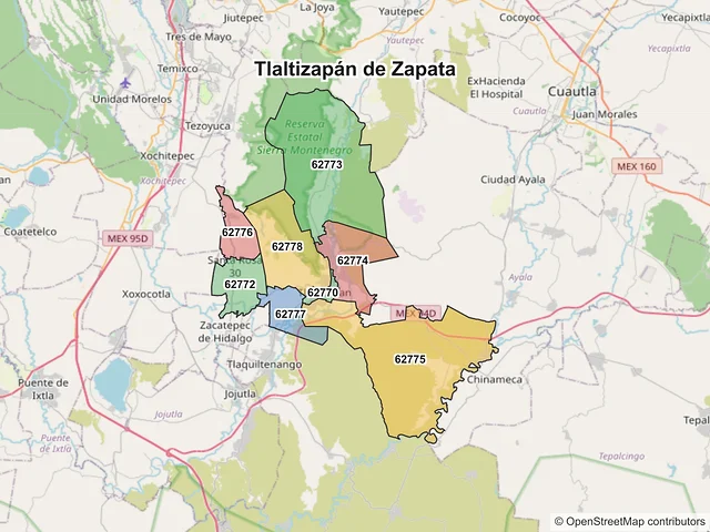 Mapa de códigos postales de Tlaltizapán de Zapata, Morelos