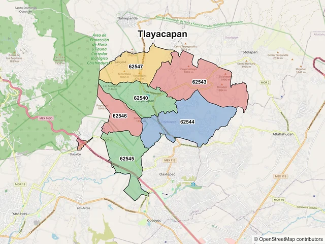 Mapa de códigos postales de Tlayacapan, Morelos