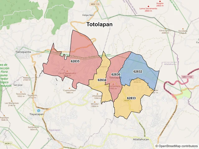 Mapa de códigos postales de Totolapan, Morelos