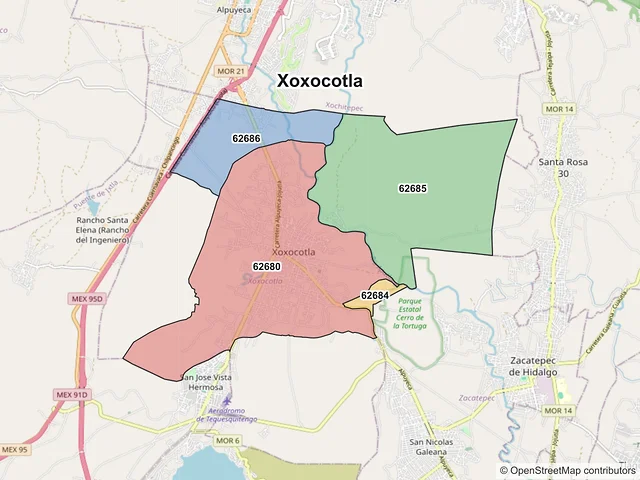 Mapa de códigos postales de Xoxocotla, Morelos