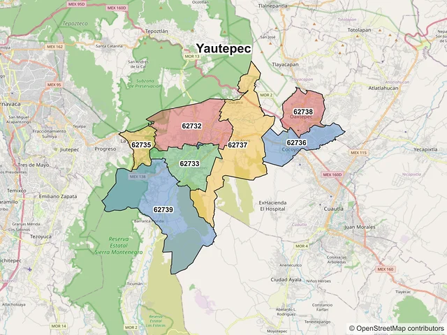 Mapa de códigos postales de Yautepec, Morelos