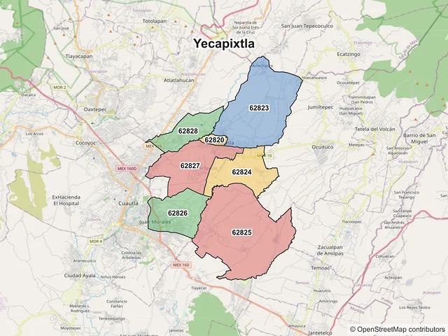 Mapa de códigos postales de Yecapixtla, Morelos