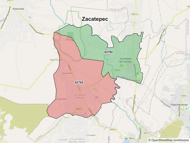 Mapa de códigos postales de Zacatepec, Morelos