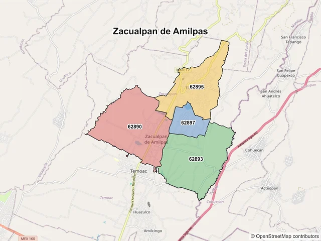 Mapa de códigos postales de Zacualpan de Amilpas, Morelos