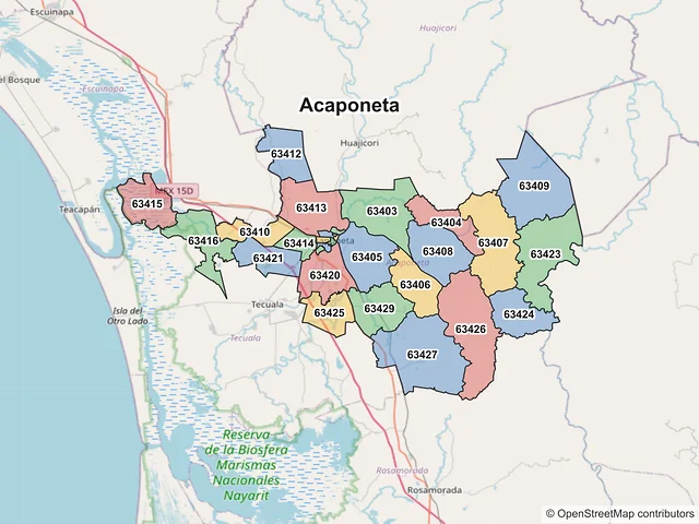 Mapa de códigos postales de Acaponeta, Nayarit