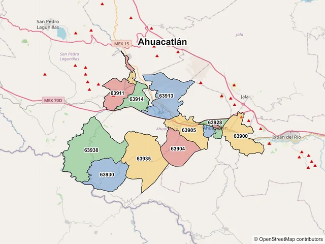 Mapa de códigos postales de Ahuacatlán, Nayarit