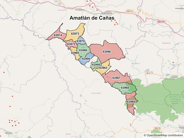 Mapa de códigos postales de Amatlán de Cañas, Nayarit