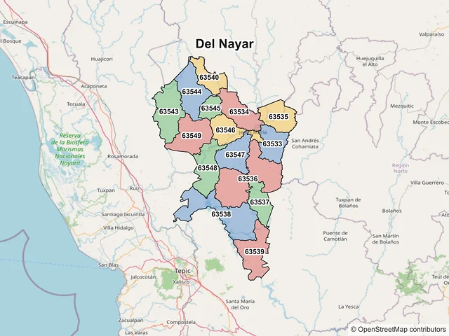 Mapa de códigos postales de Del Nayar, Nayarit