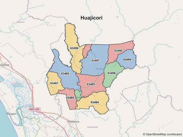 Mapa de códigos postales de Huajicori, Nayarit