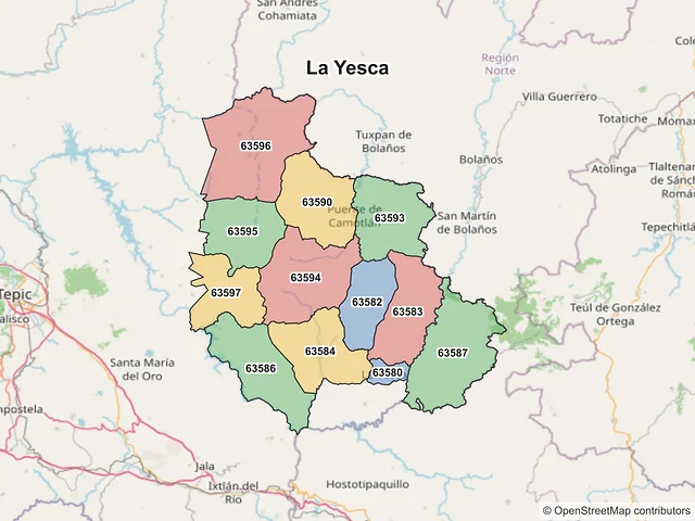 Mapa de códigos postales de La Yesca, Nayarit