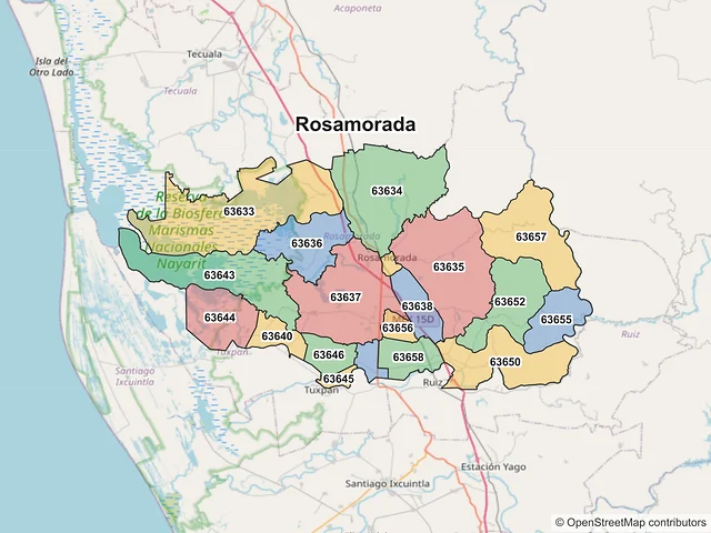 Mapa de códigos postales de Rosamorada, Nayarit