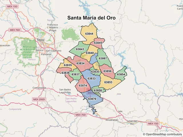 Mapa de códigos postales de Santa María del Oro, Nayarit