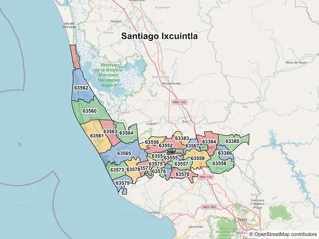 Mapa de códigos postales de Santiago Ixcuintla, Nayarit