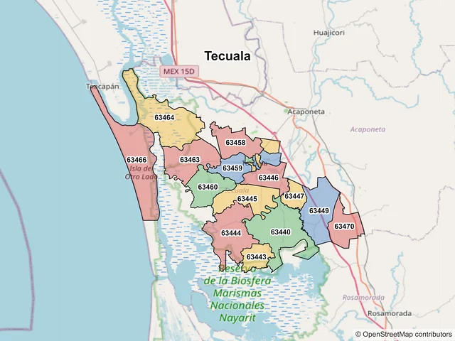 Mapa de códigos postales de Tecuala, Nayarit
