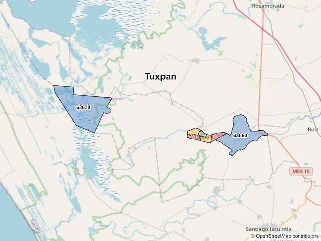 Mapa de códigos postales de Tuxpan, Nayarit