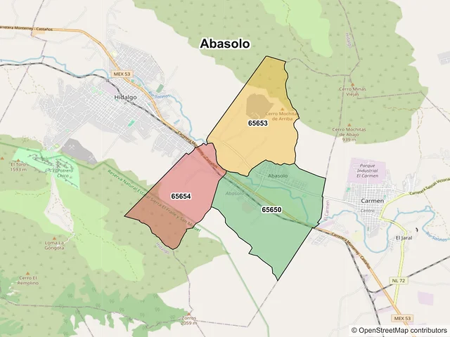 Mapa de códigos postales de Abasolo, Nuevo León