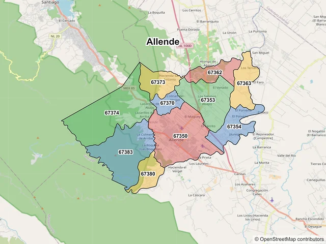 Mapa de códigos postales de Allende, Nuevo León
