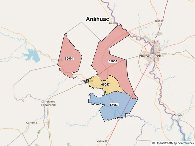 Mapa de códigos postales de Anáhuac, Nuevo León