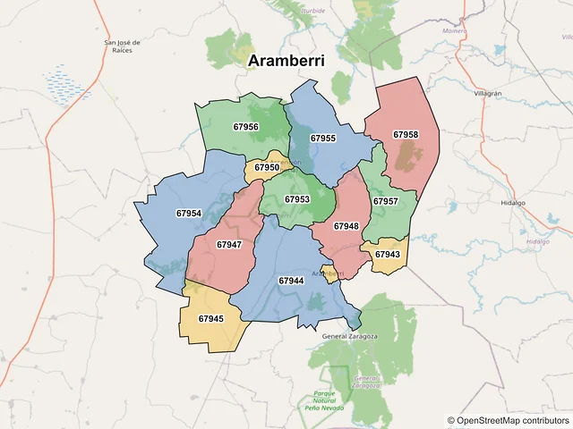 Mapa de códigos postales de Aramberri, Nuevo León