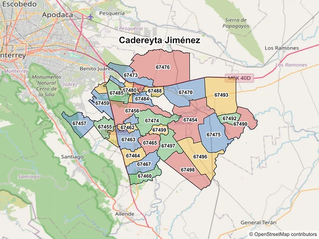 Mapa de códigos postales de Cadereyta Jiménez, Nuevo León