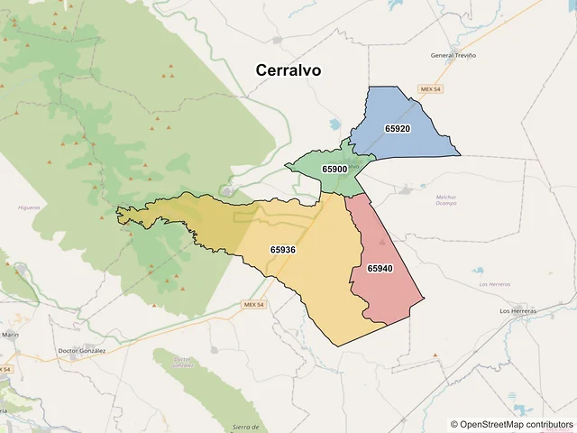 Mapa de códigos postales de Cerralvo, Nuevo León