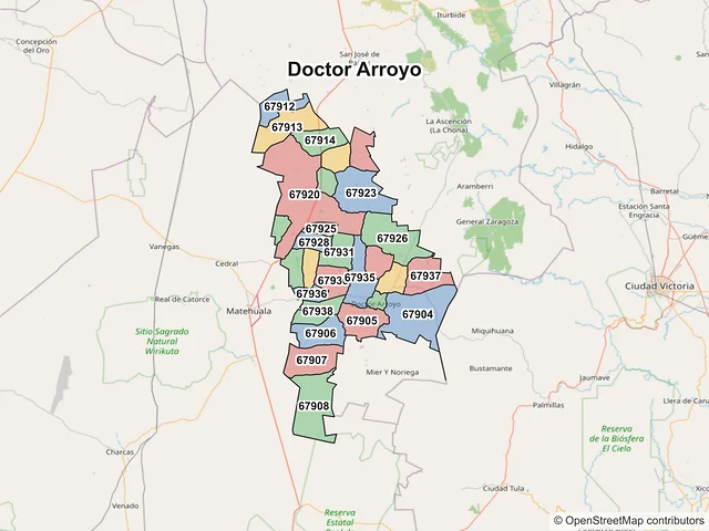 Mapa de códigos postales de Doctor Arroyo, Nuevo León