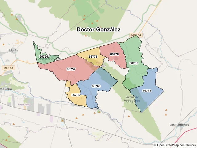 Mapa de códigos postales de Doctor González, Nuevo León