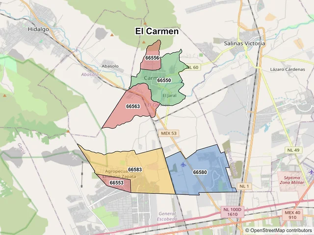 Mapa de códigos postales de El Carmen, Nuevo León