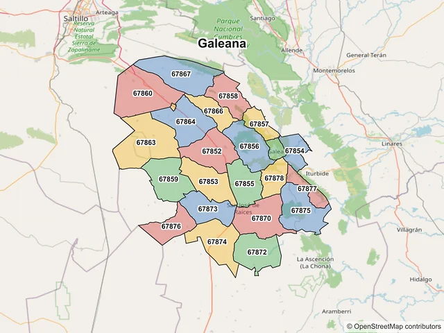 Mapa de códigos postales de Galeana, Nuevo León