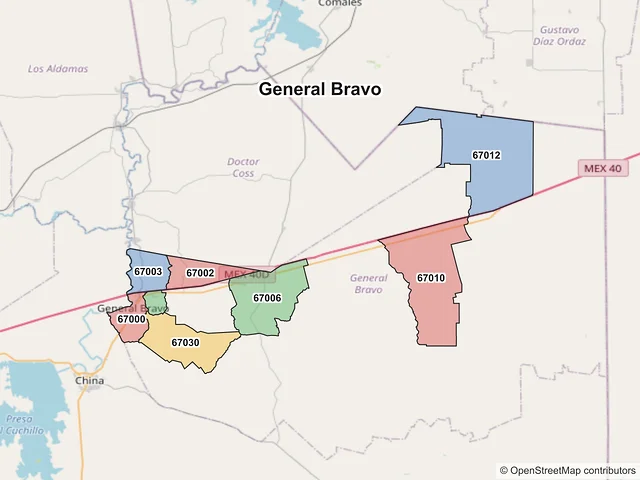 Mapa de códigos postales de General Bravo, Nuevo León