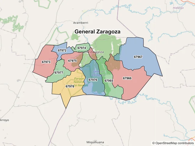 Mapa de códigos postales de General Zaragoza, Nuevo León