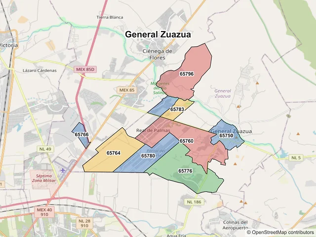 Mapa de códigos postales de General Zuazua, Nuevo León