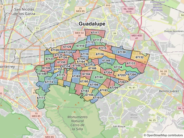 Mapa de códigos postales de Guadalupe, Nuevo León
